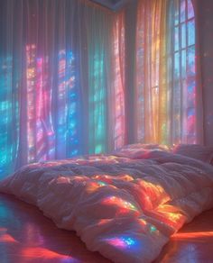 an image of a bedroom setting with sunlight streaming through the curtains and lights on the bed