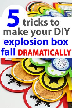 the words 5 tricks to make your diy explosion box fall dramatically on top of a pile of stickers