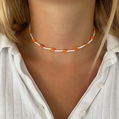 Message me your preferred length at check out! Meg x http://www.facebook.com/Never.ever.go.N Instagram: @nevergonaked Orange Beaded Choker Necklace For Festivals, Orange Beaded Choker For Festivals, Orange Tiny Beads Choker Necklace, Orange Beaded Choker With Tiny Beads, Flower Chain, 70s Hippie, Diy Sewing Clothes, Jewelry Choker, Seed Bead Necklace