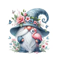 an illustration of a gnome with a flamingo and flowers on his head, wearing a blue hat