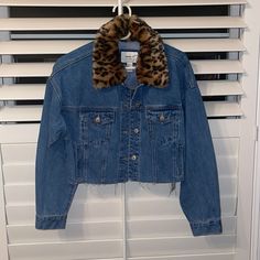 Nwt! Cropped Denim Jacket With Cheetah Fur Over The Collar Which Can Be Taken On Or Off! Never Worn. Willing To Negotiate, Offer! Cropped Medium Wash Denim Jacket For Winter, Cropped Dark Wash Outerwear For Fall, Winter Cropped Denim Jacket In Medium Wash, Winter Cropped Medium Wash Denim Jacket, Trendy Dark Wash Cropped Jacket For Winter, Fitted Casual Outerwear By Forever 21, Brown Denim Outerwear For Spring, Trendy Cropped Denim Jacket For Winter, Casual Denim Outerwear From Forever 21