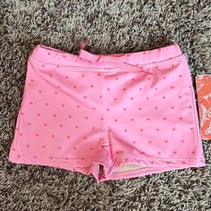 Brand New Playful Pink Short Swimwear, Pink Short Bottoms For Playtime, Pink Shorts For Playtime, Cute Stretch Shorts For Playwear, Cute Summer Bottoms With Heart Print, Pink Heart Print Bottoms For Summer, Stretch Summer Bottoms For Playwear, Summer Stretch Bottoms For Playwear, Stretch Bottoms For Swimming