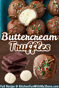 chocolate covered truffles with christmas sprinkles on them and the title overlay reads buttercream truffles