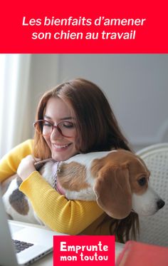 a woman holding a dog in her arms while looking at a laptop screen with the caption, emprunte mon tou