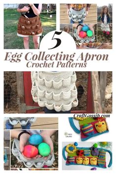 an image of easter crochet patterns with text overlay that reads, 5 egg collecting apron crochet patterns