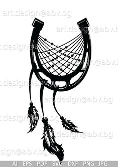 a black and white drawing of a hammock with feathers hanging from the side