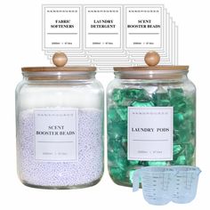 two glass jars filled with candy beans and labels for laundry detergents next to each other