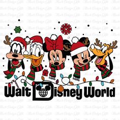 three goofy and donald christmas characters with the words walt world in black, white and red