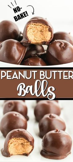 chocolate peanut butter balls are stacked on top of each other