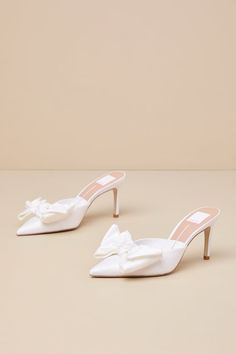 Dolce Vita Kayli - Vanilla Pumps - White Satin Pumps - Bow Pumps - Lulus Mule Pumps, Justin Alexander, Bow Pumps, White Kittens, Closed Toe Shoes, Satin Pumps, White Pumps, Wedding Heels, Pointed Toe Heels