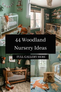 the nursery is decorated in green and white with lots of animals, including a baby's crib