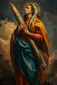 a painting of jesus holding a rocket in his hands