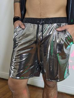 Silver Iridescent Men's Shorts Rave Shorts Holographic - Etsy UK Metallic Rave Bottoms For Summer, Metallic Disco Shorts For Summer, Summer Rave Metallic Bottoms, Silver Disco Bottoms For Summer, Casual Metallic Shorts, Metallic Short Bottoms For Summer, Shiny Summer Bottoms Shorts, Shiny Summer Shorts, Summer Rave Style Shorts