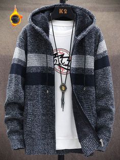 Men's Fleece Full-Zip Hoodie Jacket, Plus Fleece Thick Lining Hooded Cardigan Sweater Jacket Dark Grey Casual  Long Sleeve Polyester Colorblock,Plaid,Striped  High Stretch Fall,Spring,Spring/Fall,Winter,Fall/Winter Men Clothing, size features are:Bust: ,Length: ,Sleeve Length: Mens Striped Sweater, Mens Winter Sweaters, Velvet Sweater, Slim Sweater, Knit Men, Mens Stripes, Mens Cardigan, Hooded Cardigan, Fleece Sweater