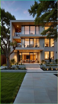 an exterior view of a modern home at dusk