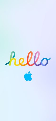 the word hello written in rainbow letters on a blue and white background with an apple logo