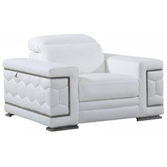 a white leather reclining chair with chrome trimmings on the arms and back