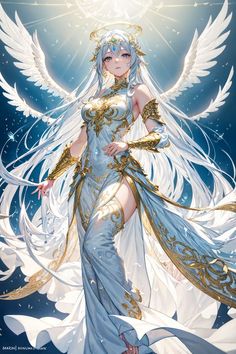 a woman dressed in white and gold with angel wings