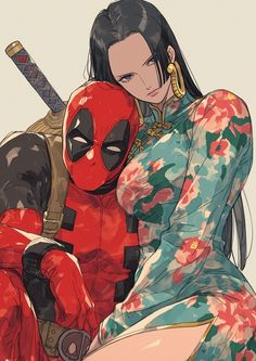 a woman in a floral dress hugging a deadpool character with two swords on her shoulder