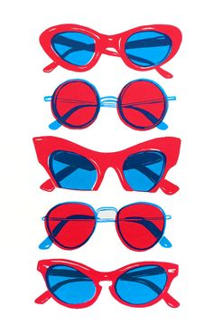 three pairs of red and blue sunglasses