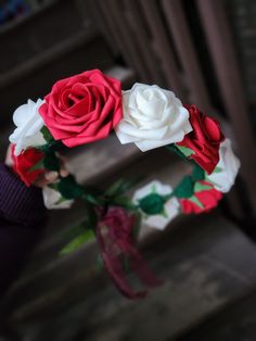 hey loves,  This flower crown came to mind while watching one of my favorite anime Fruits Basket, This crown is in honor of Kyo's Juzu Bead bracelet, I wanted to replicate his bead colors in a different way than a bracelet, and what better way than in a flower crown.  Perfect when you want to do some cosplaying, photoshoots for your prom, and sweet 15 and 16.  THE RIBBON IS A DIFFERENT COLOR THAN THE ONE SHOWN IN THE PICTURE, INSTEAD OF BURGANDY IT'S A RED AND WHITE STRIP COLOR RIBBON.   IMPORTA Anime Fruits Basket, Hey Love, Sweet 15, Fruits Basket, The One Show, All Flowers, Ribbon Tie, Bead Bracelet, Flower Crown