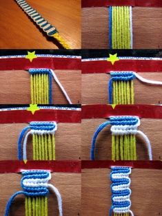 four pictures showing how to make a crochet bracelet with beads and yarns