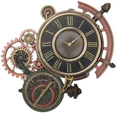 an antique clock with gears and mechanical parts on the face, isolated against a white background