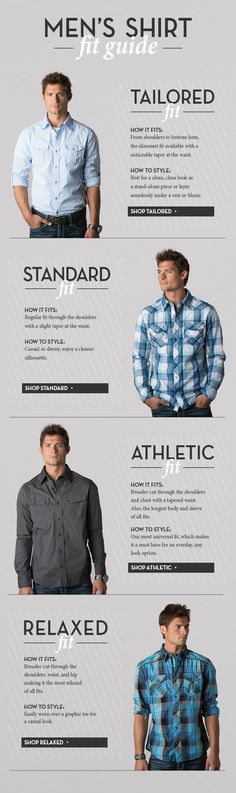 Men's shirt fit guide www.buckle.com Fashion Style Tips, Mens Style Guide, Men Style Tips, Men's Shirts, Style Tips, Casual Style Outfits, Mode Inspiration, Men's Grooming, Dress Code