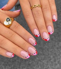 70s French Tip Nails, Fun French Tips Nails, Different French Tip Nail Designs, Coloured French Tips Short, Funky Tips Nails, Colourful Nail Tips, Minimalistic Valentines Nails, Diy Valentines Nails Easy, Cool French Tips