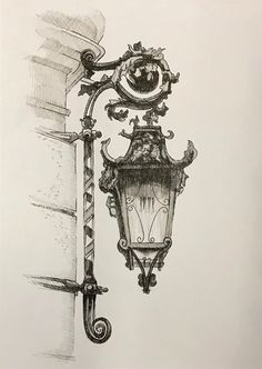 a drawing of a street light attached to a pole with a lamp on it's side