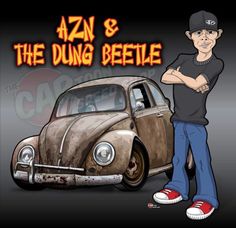 a man standing next to a car with the words azn and the dung beetle