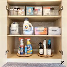 the shelves are filled with cleaning products and detergents