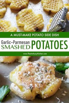 garlic - parmesan smashed potatoes on a baking sheet with a grater in the background