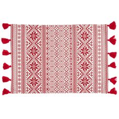 a red and white rug with tassels