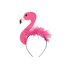 a pink flamingo headband with feathers on it