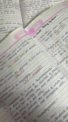 an open notebook with writing on it and pink marker marks in the paper next to it