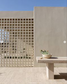 a wooden bench sitting next to a wall with a potted plant on top of it