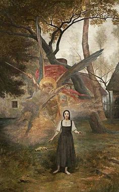 a painting of a woman standing in front of a tree with her hands out to the sky