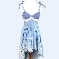 Liz Lisa Blue & White High Low Sleeveless Lace Ruched Floral Embroidered Dress Imported From Japan - Used In Excellent Condition, No Flaws. Kawaii Liz Lisa Dress Gyaru & Himekaji Style Shoujo Dress Size O Aka One Size, Best Fits Xs-S Probably But Check Measurements! Has A Bit Of Stretch In The Back. Cottage Core Coquette Gyaru Hime Tralala Measurements Unstretched: Chest: 15" Waist: 14" Length Front: 32" Length Back: 49" Gyaru Himekaji, Gyaru Hime, Coquette Gyaru, Lisa Dress, Japanese Dress, Liz Lisa, Floral Embroidered Dress, Embroidered Dress, Cottage Core