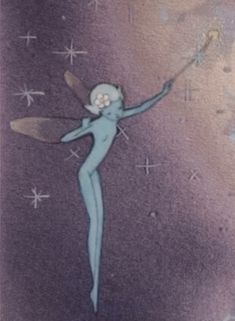 a drawing of a fairy holding a wand in her hand with stars on the background