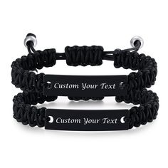 two black and white bracelets with the words, custom your text on each one