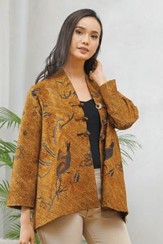 Cardigan Batik Blazers, Blezer Batik, Fruit Print Fashion, Kimono Jacket Sewing Pattern, Model Blouse Batik, Cardigan Batik, Batik Outer, Batik Blazer, Model Outer