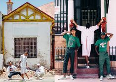 three men in green and white baseball uniforms are posing for pictures on the front steps