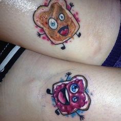 two tattoos on the legs of people with cartoon characters painted on their bodies, one has a sandwich and the other has a donut