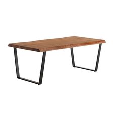 a wooden table with black metal legs