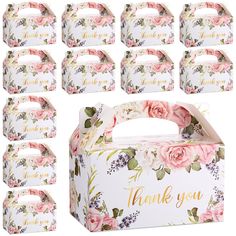 floral thank you card box with flowers and gold foil lettering on the front, set of 12