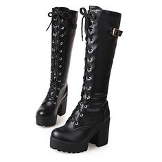 Category:Cosplay Boots; Upper Materials:Leatherette; Lining Materials:Fleece; Embellishment:Lace-up; Available Width:Average; Season:Winter,Fall; Heel Type:Block Heel,Platform,Chunky Heel; Actual Heel Height:3.74; Gender:Women's; Size Suggestion:select one size larger than usual; Platform Height:1.38; Type:Knee High Boots; Style:Punk  Gothic,Slouch Boots; Heel Height(inch):2-3; Boot Shaft:Knee High Boots; Outsole Materials:TR; Occasion:Dress; Closure Type:Zipper; Pattern:Solid Colored; Shipping Gothic Lace-up Platform Boots For Cosplay, Gothic Faux Leather Lace-up Combat Boots, Black Lace-up Boots For Cosplay, Gothic Lace-up Knee-high Boots For Fall, Punk Style Faux Leather Combat Boots For Winter, Gothic Lace-up Boots For Fall Party, Grunge Faux Leather Boots For Winter, Grunge Faux Leather Winter Boots, Grunge Style Faux Leather Winter Boots