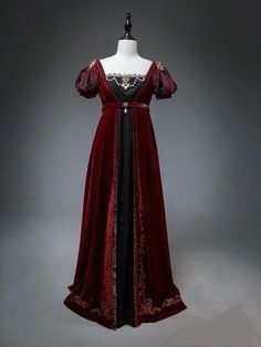 1810s Ball Gown, Gothic Regency Dress, Period Accurate Clothing, Red Regency Gown, Red Regency Dress, Black Regency Dress, Regency Era Fashion Gowns, Bridergton Outfit, Regency Dress Aesthetic