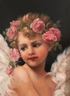 a painting of an angel with pink roses in her hair