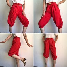 "Vintage knickerbockers high waist pants - Jean Claude Made in France 1970s Red pants with grey and gold stripes. Pleated at the waist. Knee length. Puffy legs with button on bottom. High waist with 2 buttons / zip closure . Braided belt in the same colores with gold buckle. 2 side pockets. In perfect condition. Size : FR36 US4 UK6 Our model wears usually a size S (UE36/38) and is 170cm/66,9\" tall. Measurements (flat): Waist: 30cm - 11,8\" Hips: 53cm - 20,8\" Front crotch: 35cm - 13,7\" Back cr Retro Bottoms With Elastic Waistband, Retro High-waist Bottoms With Elastic Waistband, Retro High Waist Bottoms With Elastic Waistband, Vintage Pants With Elastic Waistband, Retro Red High-waisted Pants, Retro Red Trousers, Vintage Red High Waist Bottoms, Vintage Red High-waisted Pants, Vintage High-waisted Red Pants